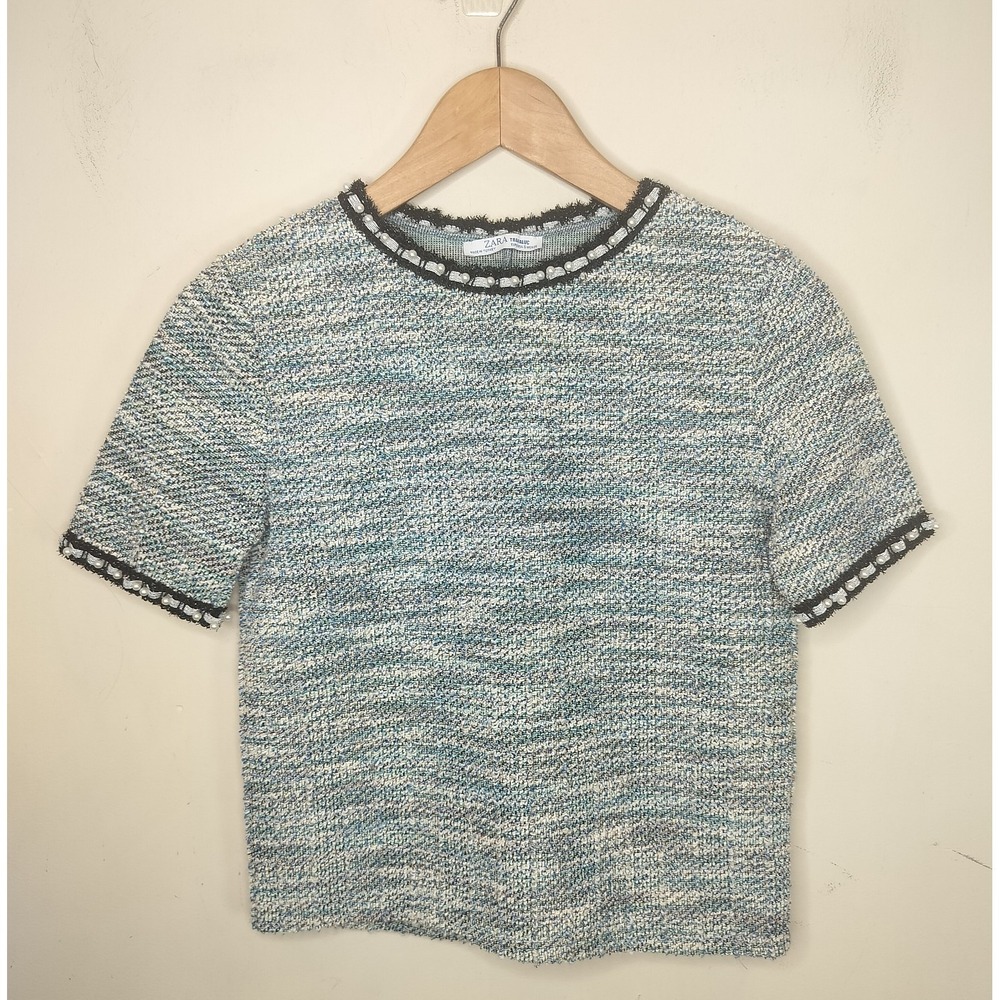 Zara Tweed Textured Top Pearl Embellished Fringe